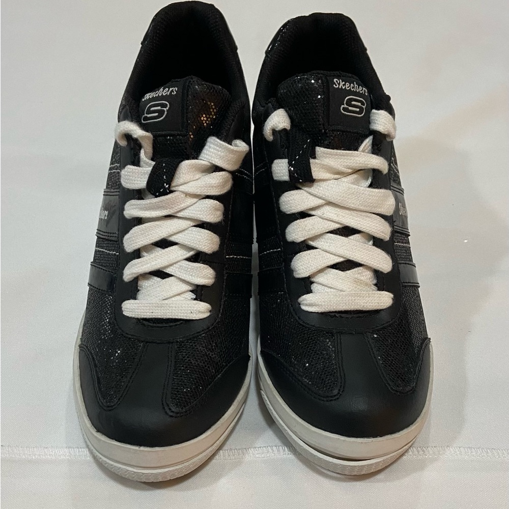 Skechers Black and White Wedge Athletic Shoes - Picture 4 of 7